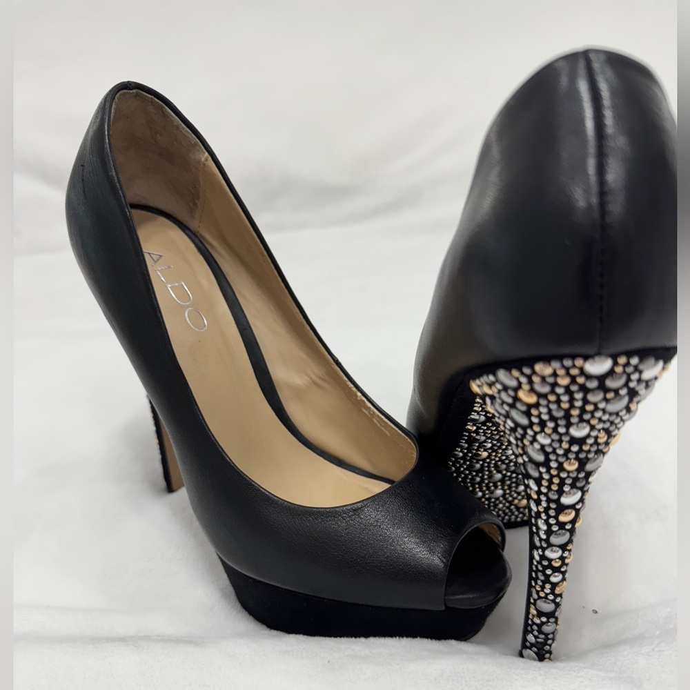 Aldo Black Peep Toe Heels with Studded Detail